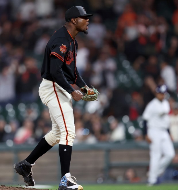 San Francisco Giants pitcher Gregory Santos #57 celebrates the last out against the Sultanes de Monterrey in the ninth inning of their MLB game at Oracle Park in San Francisco, Calif., on Monday, March 23, 2026. (Jane Tyska/Bay Area News Group)