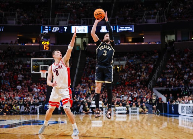 Purdue Boilermakers' Braden Smith (3) takes a shot against Arizona Wildcats' Ivan Kharchenkov (8) in the first half during the NCAA Tournament West Regional final at the SAP Center in San Jose, Calif., on Saturday, March 28, 2026.  (Shae Hammond/Bay Area News Group)
