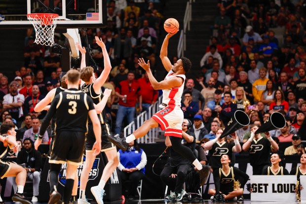 Arizona Wildcats' Tobe Awaka (30) takes a shot against Purdue Boilermakers in the first half during the NCAA Tournament West Regional final at the SAP Center in San Jose, Calif., on Saturday, March 28, 2026.  (Shae Hammond/Bay Area News Group)