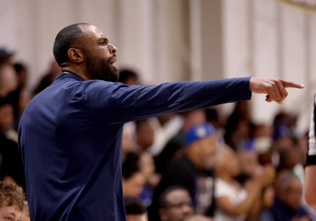 The King's Academy head coach Cameron Bradford gestures from the sideline in the second quarter of their NorCal Division 1 semifinal game against Oakland High at The King's Academy in Sunnyvale, Calif., on Saturday, March 7, 2026. (Jane Tyska/Bay Area News Group)