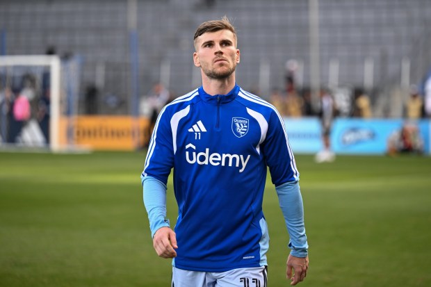 SAN JOSE, CA - FEBRUARY 28: Timo Werner #11 of the San Jose Earthquakes during warmups prior to a game between Atlanta United FC and San Jose Earthquakes at PayPal Park on February 28, 2026 in San Jose, California.