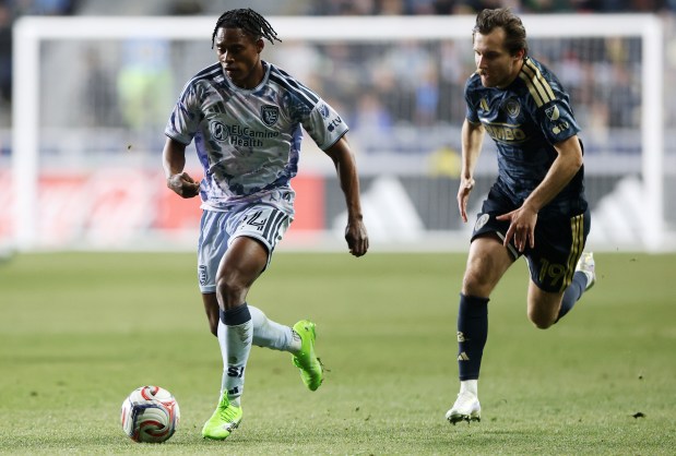 DeJuan Jones #24 of the San Jose Earthquakes controls the ball against Indiana Vassilev #19 of the Philadelphia Union during the second half at Subaru Park on March 07, 2026 in Chester, Pennsylvania. (Photo by Emilee Chinn/Getty Images)
