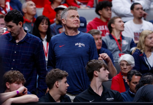Golden State Warriors head coach Steve Kerr stands during a break in action during the Arkansas Razorbacks game against the Arizona Wildcats in the first half at the 2026 NCAA Division I West Regional Semifinal game at the SAP Center in San Jose, Calif., on Thursday, March 26, 2026. (Nhat V. Meyer/Bay Area News Group)
