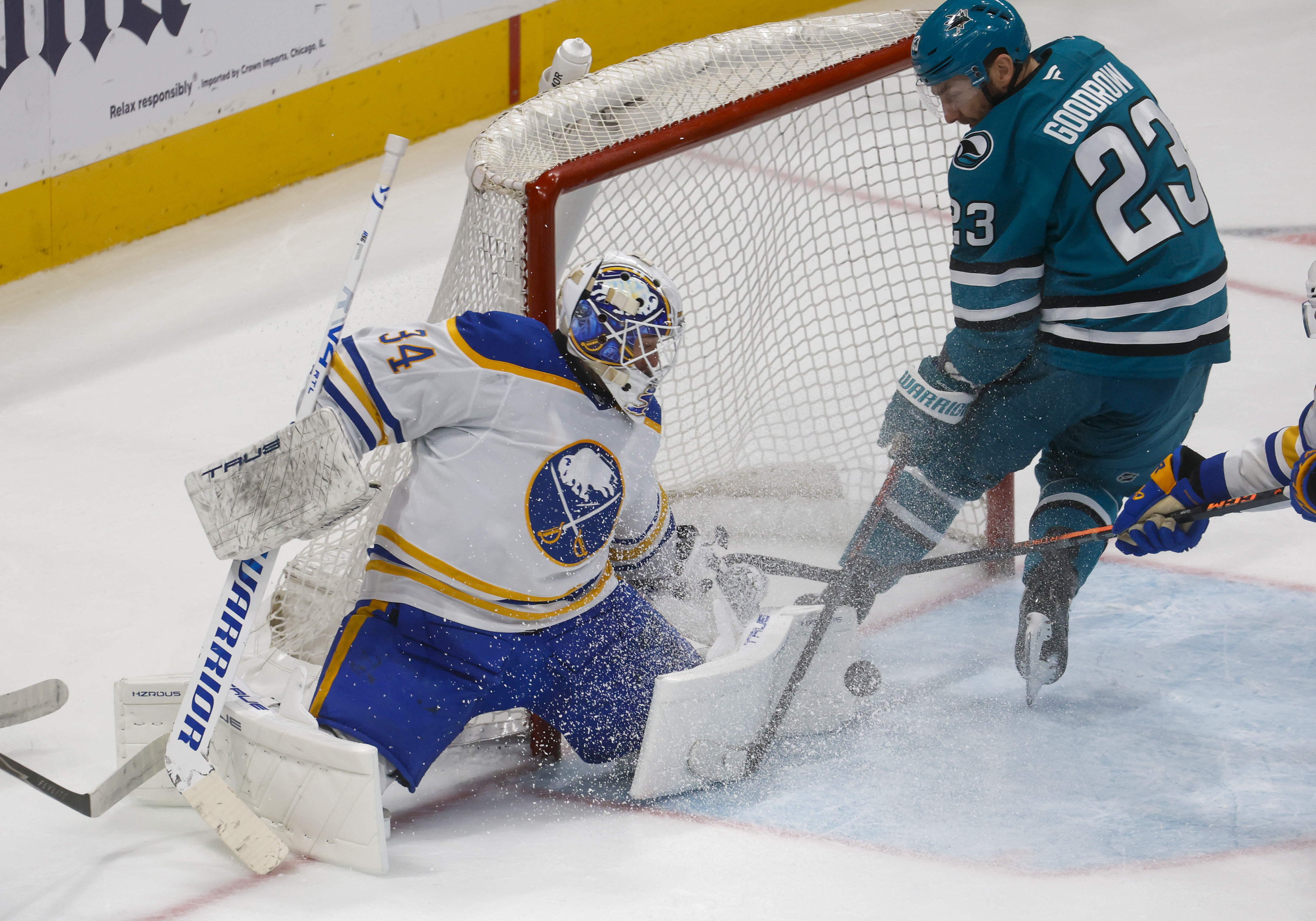 San Jose Sharks' Barclay Goodrow (23) canât get a shot...
