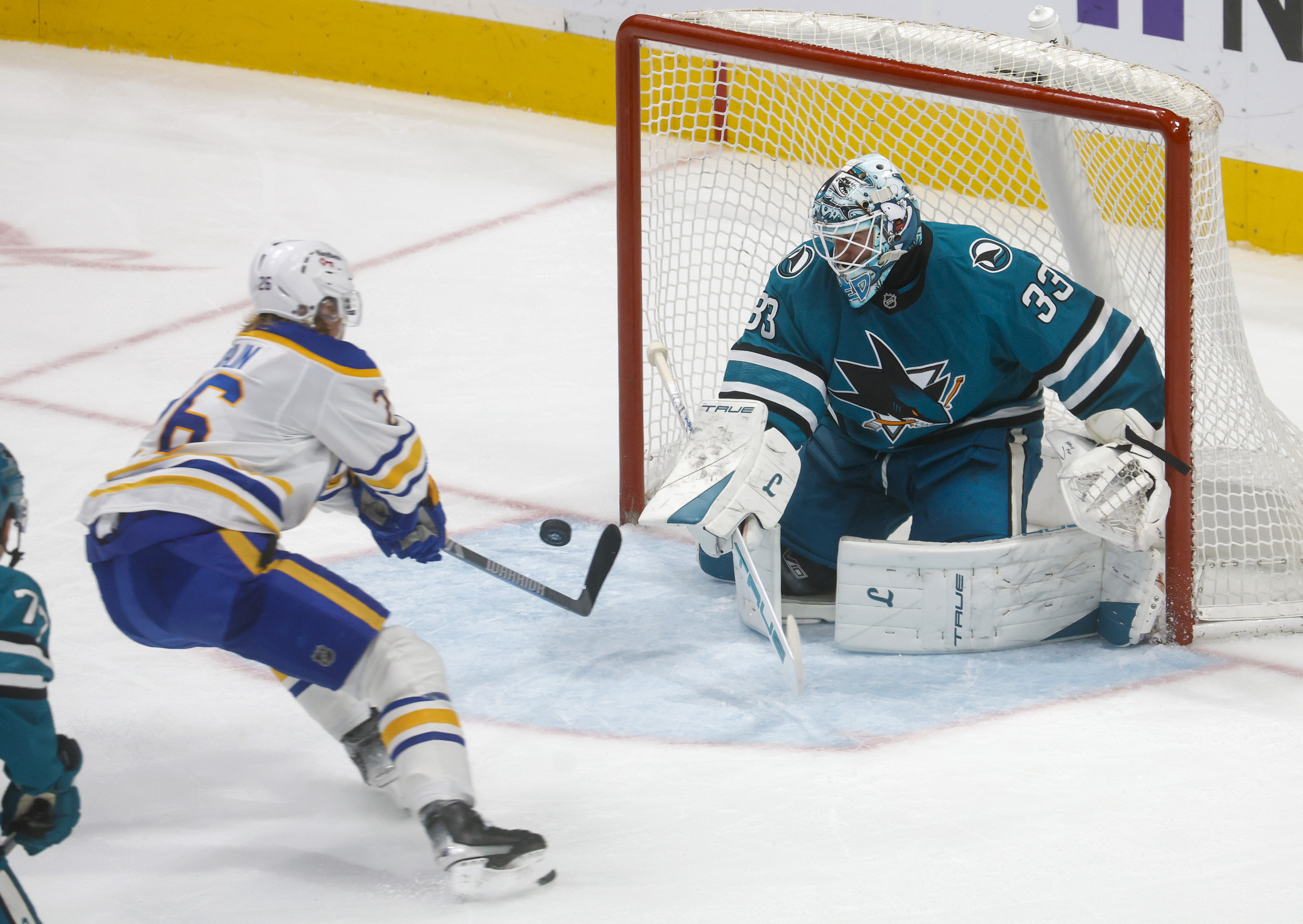 Buffalo Sabres' Rasmus Dahlin (26) scores a goal against San...