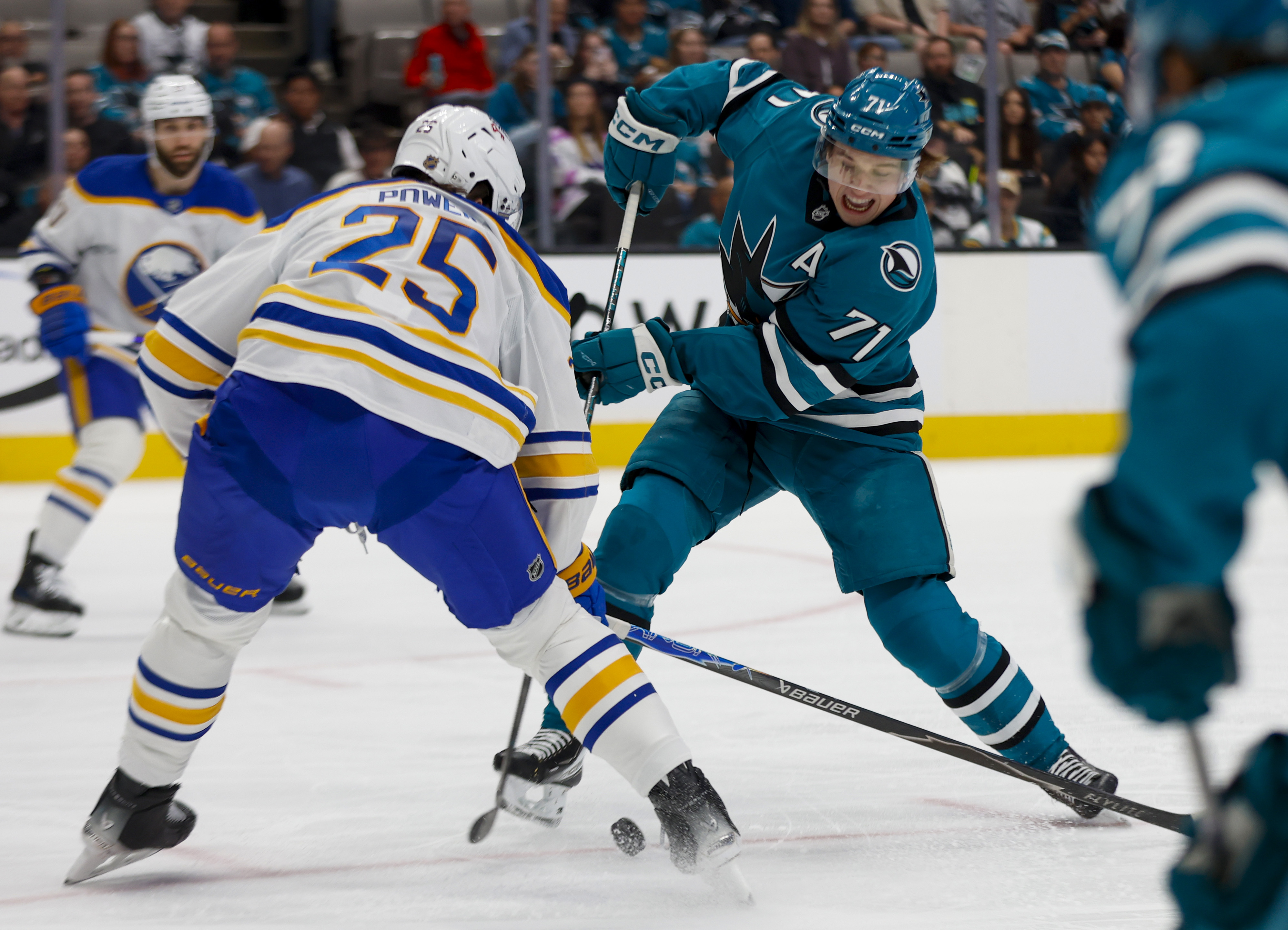 San Jose Sharks' Macklin Celebrini (71) takes a shot against...