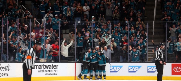 San Jose Sharks celebrate their victory over the Winnipeg Jets on Sunday, March 1, 2026, in San Jose, Calif. (Aric Crabb/Bay Area News Group)