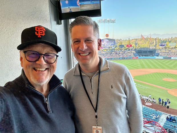 Jon Miller and Joe Ritzo take a selfie ahead of Ritzo's first broadcast at Dodger Stadium in September of 2023. (Photo courtesy of Joe Ritzo)