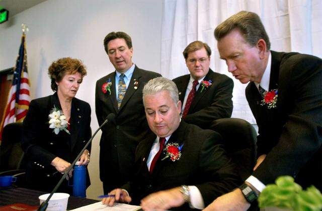 Linda Budge, left, joins other Rancho Cordova leaders — from left, Ken Cooley, Dave Roberts, David Sander and Robert McGarvey — on Rancho Cordova's first day as a city on July 1, 2003. During her time on the council, Budge has served as mayor five times, vice mayor five times — including this year — and mayor pro tempore once.