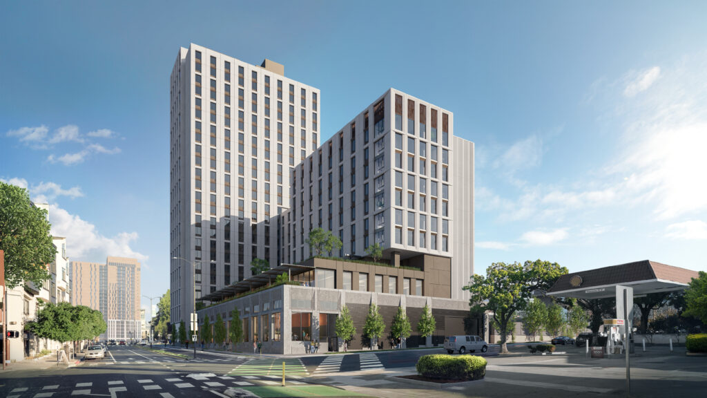 A rendering showing a two-tiered student housing complex at the corner of Bancroft and Fulton in Berkeley, on the southwest corner of campus. 