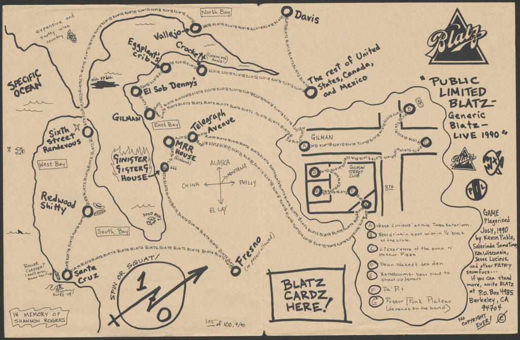 Hand-drawn, DIY punk board game map for the band Blatz. The satirical map features Northern California locations, punk landmarks like Gilman Street and irreverent, handwritten notes and instructions.