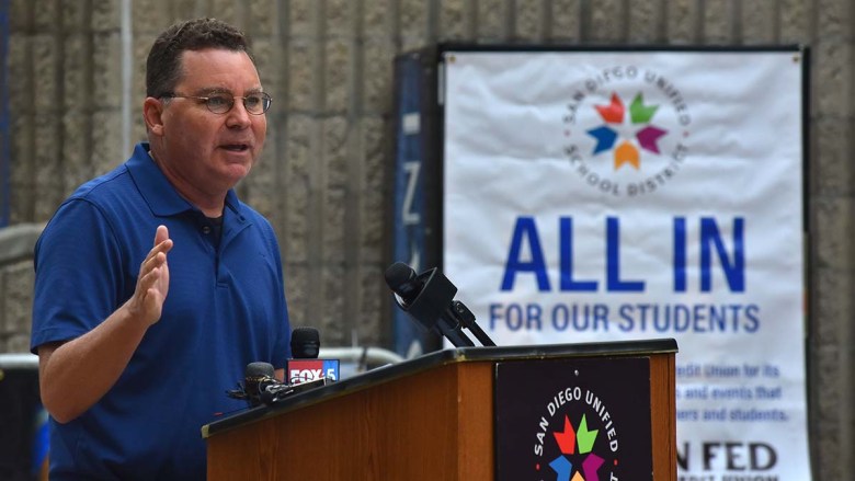 Richard Barrera, San Diego Unified School Board president, speaks to the media on the first day of school. Photo by Chris Stone