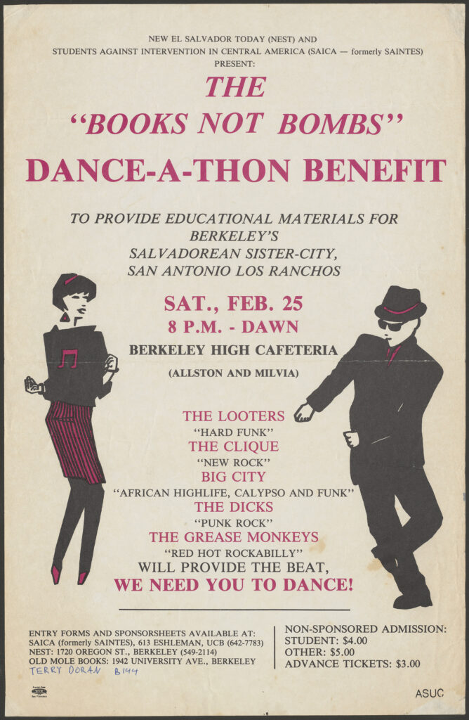 Benefit flyer for the "Books Not Bombs" Dance-A-Thon at Berkeley High. Features pink and black text with two illustrated dancing figures in a New Wave style. Lists bands including The Looters, The Clique and The Dicks.