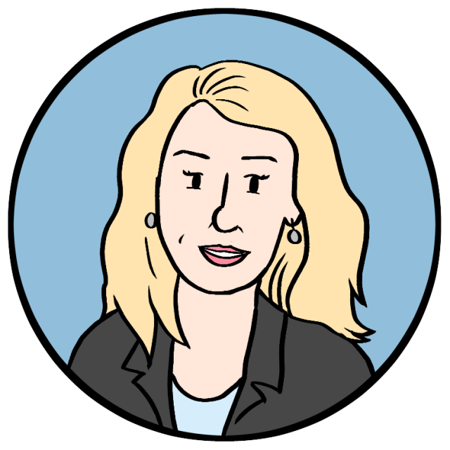 Cartoon illustration of a woman with long blonde hair, wearing a black blazer and light blue top, set against a blue circular background.