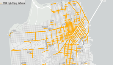 2024 High Injury Network routes highlighted in orange overlay the city street map, focusing on central and southern areas with dense street grids.