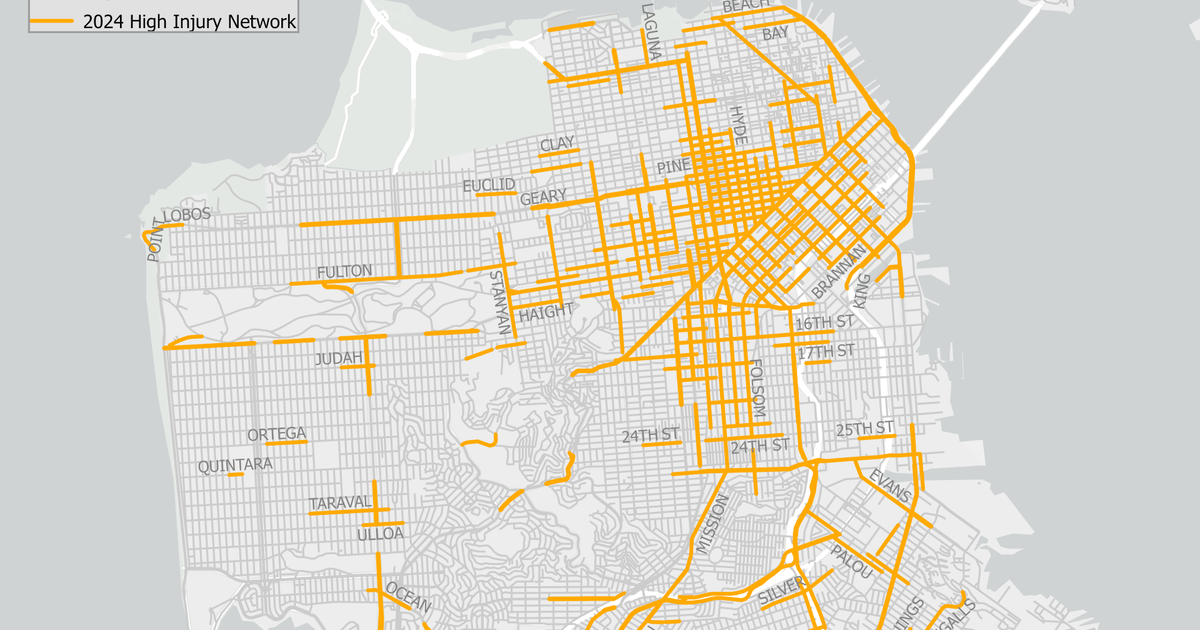 2024 High Injury Network routes highlighted in orange overlay the city street map, focusing on central and southern areas with dense street grids.