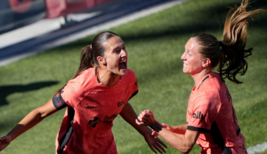 Two female soccer players in orange jerseys celebrate enthusiastically on the field, holding hands and smiling broadly.