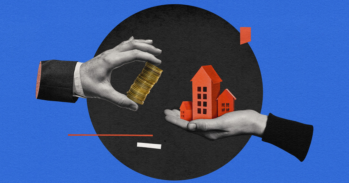 One hand holds a stack of gold coins, while another hand holds three red house models, symbolizing real estate investment or property purchase.