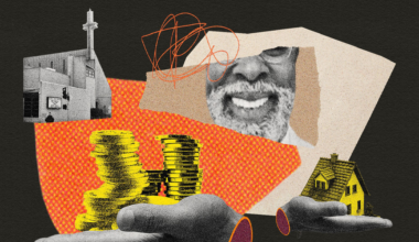 A face smiles above two hands, one holding stacked gold coins and a building, the other holding a small yellow house, all set against abstract shapes.