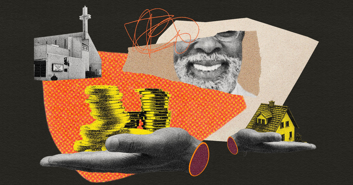 A face smiles above two hands, one holding stacked gold coins and a building, the other holding a small yellow house, all set against abstract shapes.
