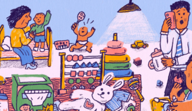 An empty baby food bowl with a spoon, a jar of baby food, scattered peas and vegetables, and a baby sippy cup with a pink lid are on a surface.