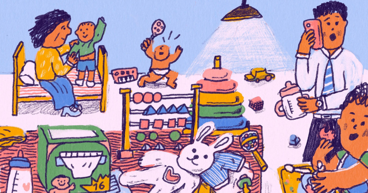 An empty baby food bowl with a spoon, a jar of baby food, scattered peas and vegetables, and a baby sippy cup with a pink lid are on a surface.