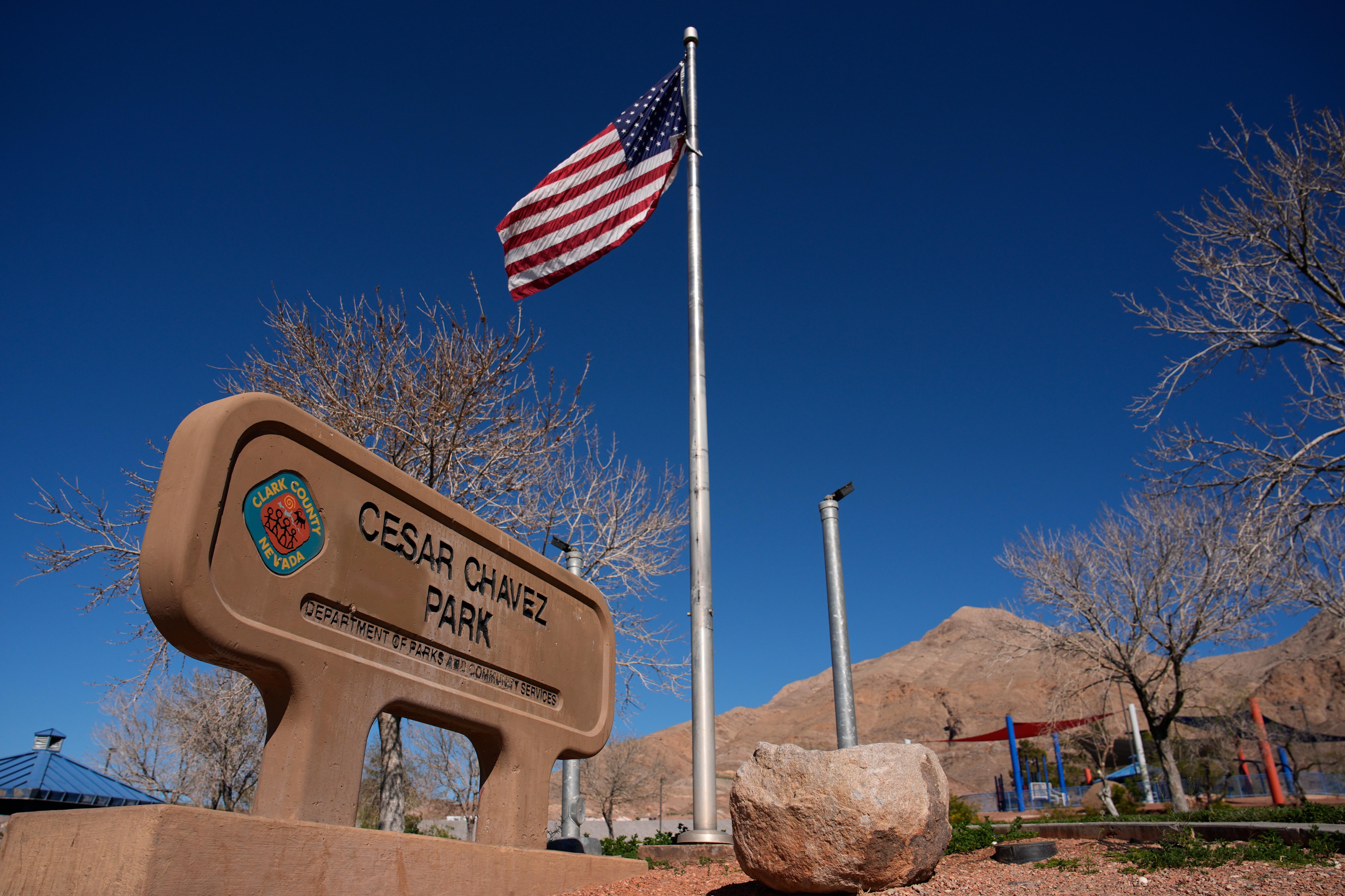 A sign advertises César Chavez Park, Thursday, March 19, 2026,...