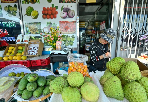 A woman tends to produce at Trai Cay Tuoi in the Little Saigon neighborhood of Westminster, CA, on Monday, April 21, 2025. (Photo by Jeff Gritchen, Orange County Register/SCNG)
