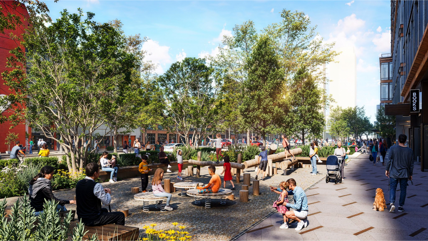 Caltrain San Francisco Railyards sidewalk view of a playground, rendering by Prologis