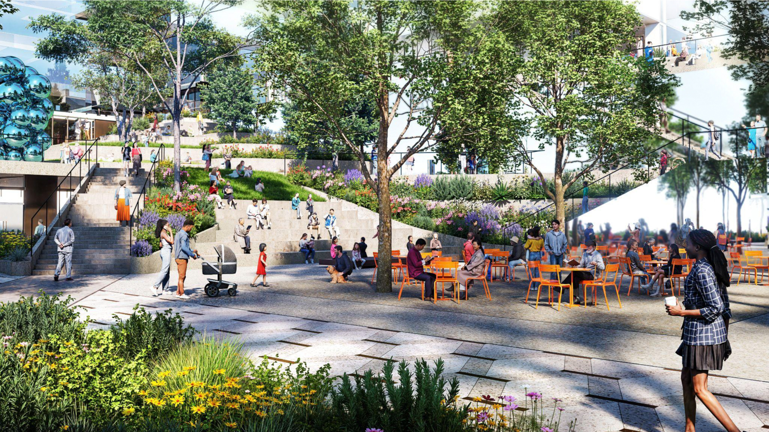 Caltrain San Francisco Railyards view of the 5th Street Park, illustration by Prologis