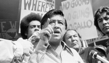 FILE - In this Sept. 16, 1975 file photo, head of the United Farm Workers Union Cesar Chavez speaks at the headquarters for the state Agriculture Labor Relations Board board to call for the resignation of Walter Kintz, legal counsel for the board, in Sacramento, California. Chavez was born near Yuma, Arizona on March 31, 1927 and died in 1993. (AP Photo, File)