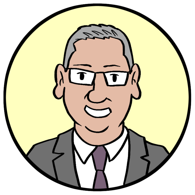 Cartoon illustration of a smiling man with short gray hair, glasses, and a suit and tie, set against a light yellow circular background.