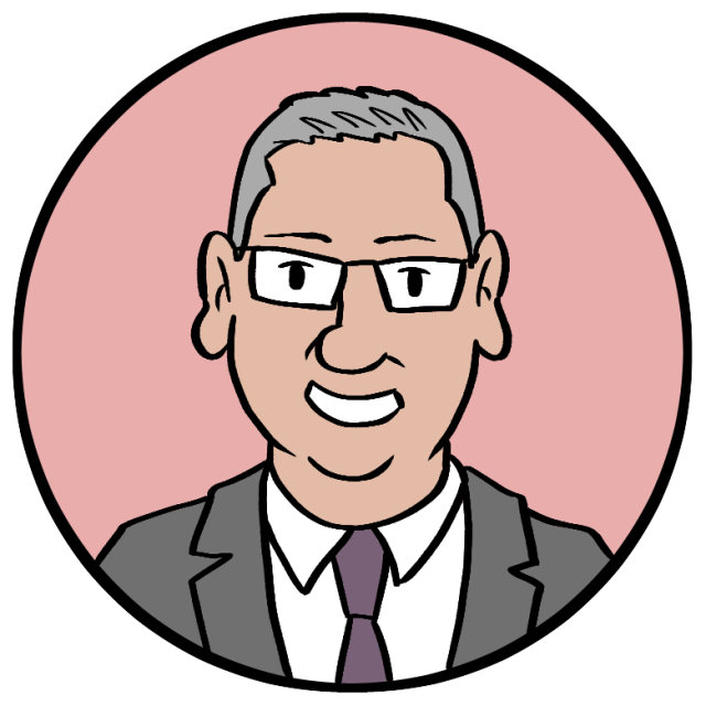 Illustration of a smiling man with glasses, short gray hair, and wearing a suit and tie, set against a pink circular background.