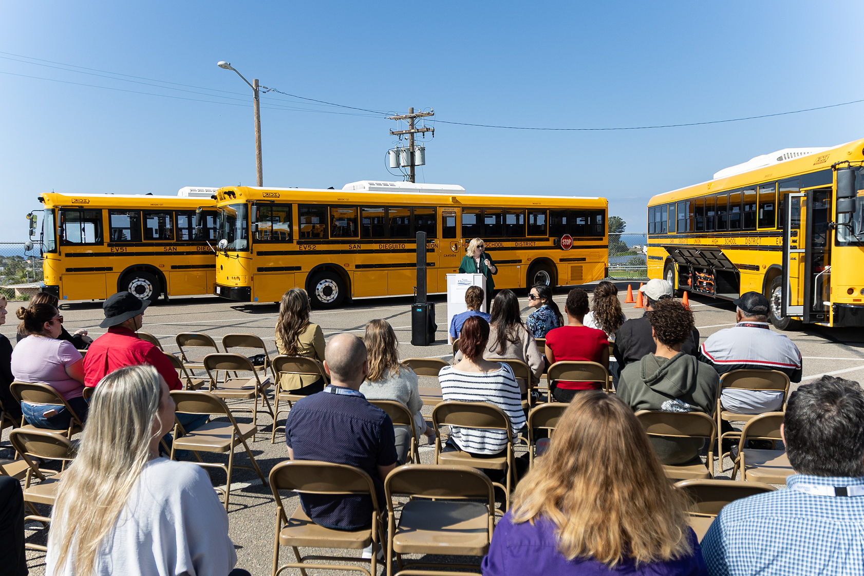 SDUHSD Superintendent Anne Staffieri welcomes district transportation employees and guests...