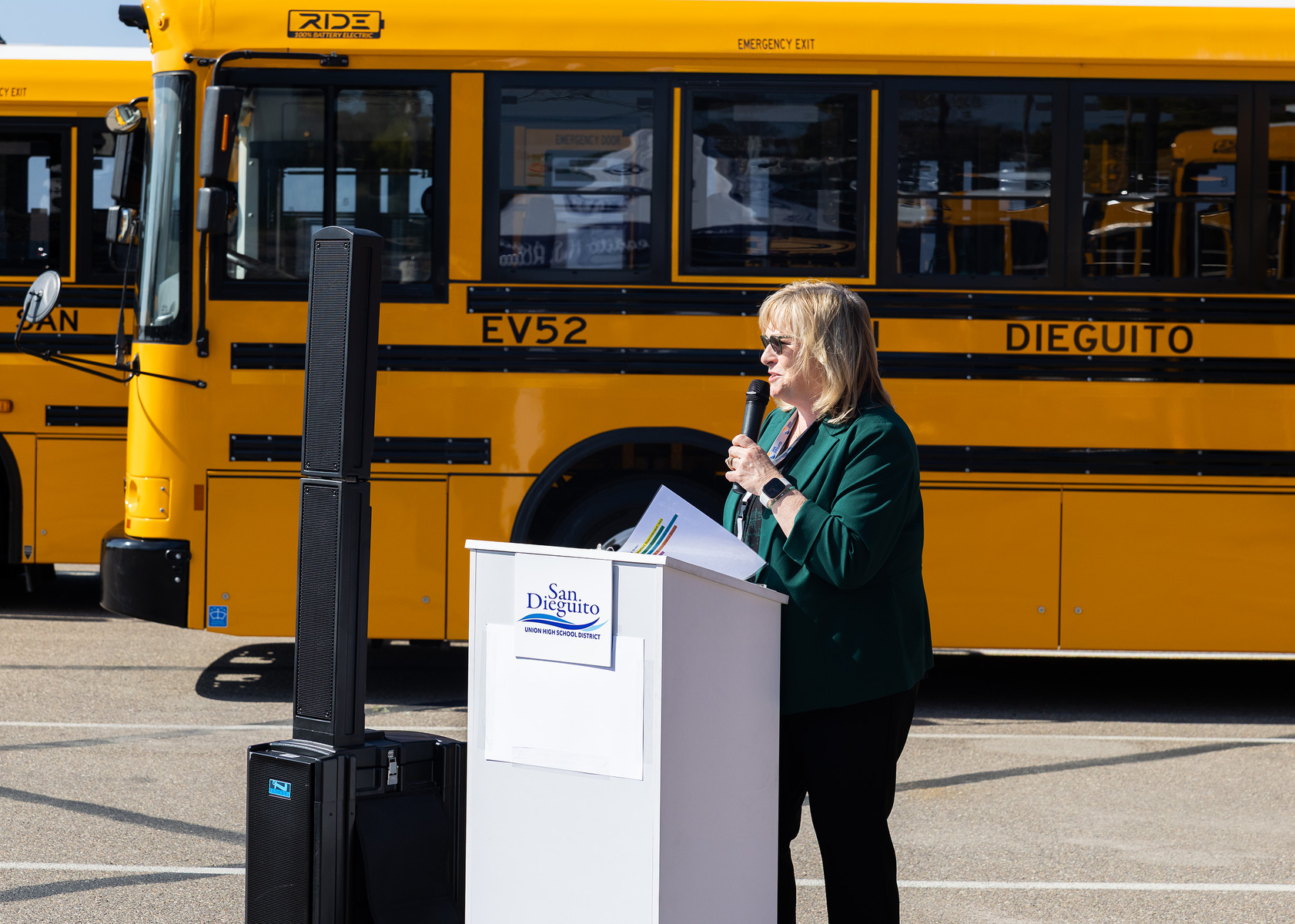 SDUHSD Superintendent Anne Staffieri welcomes district transportation employees and guests...