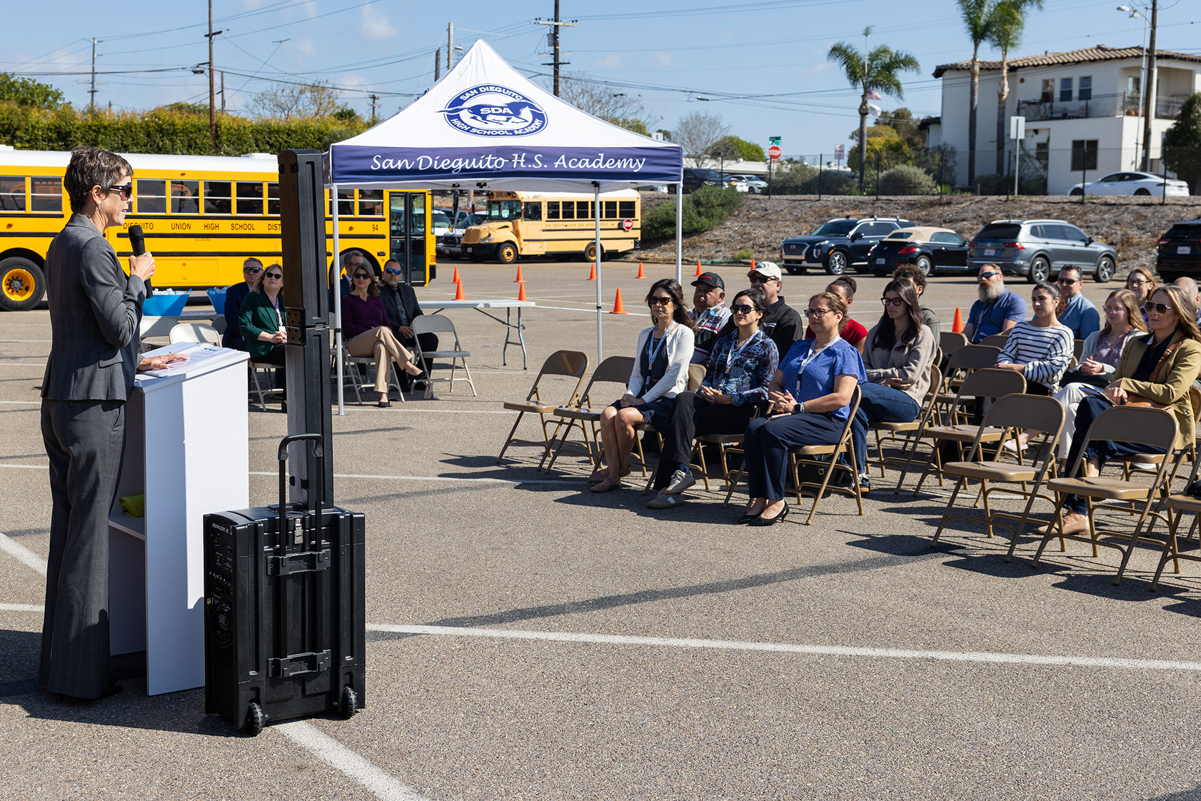 SDUHSD Trustee and Board President Jane Lea Smith speaks at...