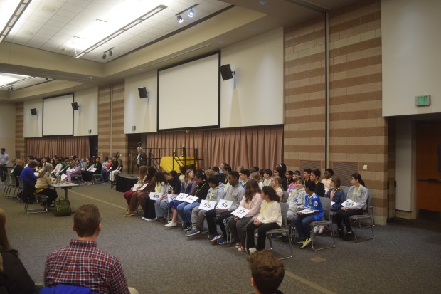 All the spellers get ready for the first round of words at the bee held at the Oakland Schools Conference Center.