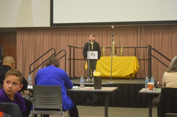 Knox Darling, a 5th grader from Pine Knob Elementary, goes out after mispelling surveillance. 