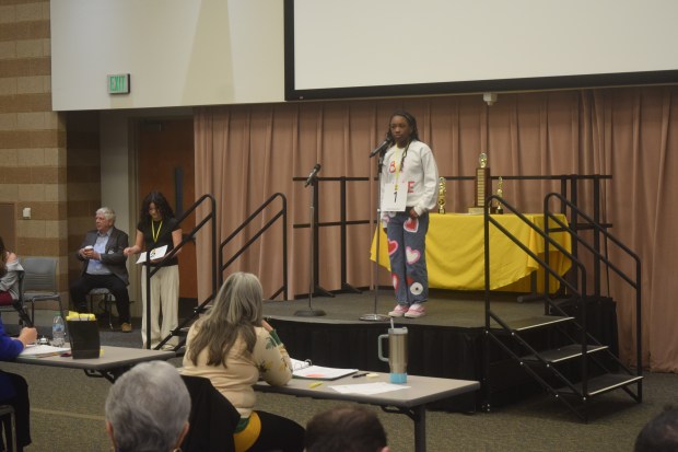 Candence Gibson, a 5th grader from Adler Elementary, misses on spelling prowess in the 3rd round.