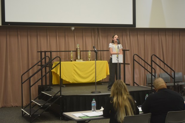 Robin Knoppe, a 5th grader from Andersonville Elementary, advances to the fourth round by correctly spelling hooey.
