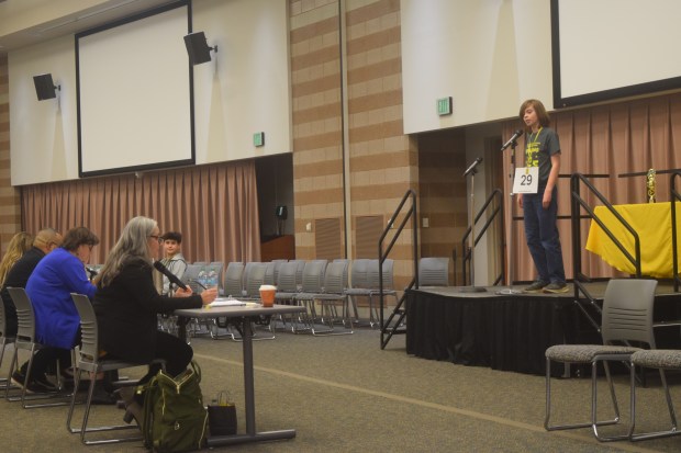 Runner-up Jonathan Oatley from Ferndale Middle School listens to a word given to him by Bee Pronouncer Andrea Zellner. In round 10 he incorrectly spelled cinquedea, an Italian word for civilian short sword or long dagger.photo by Matt Fahr
Media News Group