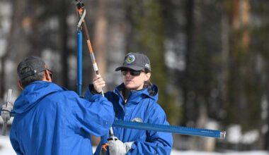 From left, Department of Water Resources engineers Derick Louie and Jordan Thoennes conduct the third snow survey of the 2025-26 season at Phillips Station on Friday, Feb. 27, 2026. State officials said the survey measured snowpack at 47% of average this time of year as California remains below normal despite recent storms.