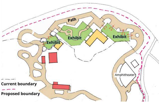 A test concept for the proposed 1.4 acre northern Sacramento Zoo expansion, currently the site of a historic statue and cascading water feature, shows three new animal exhibits.