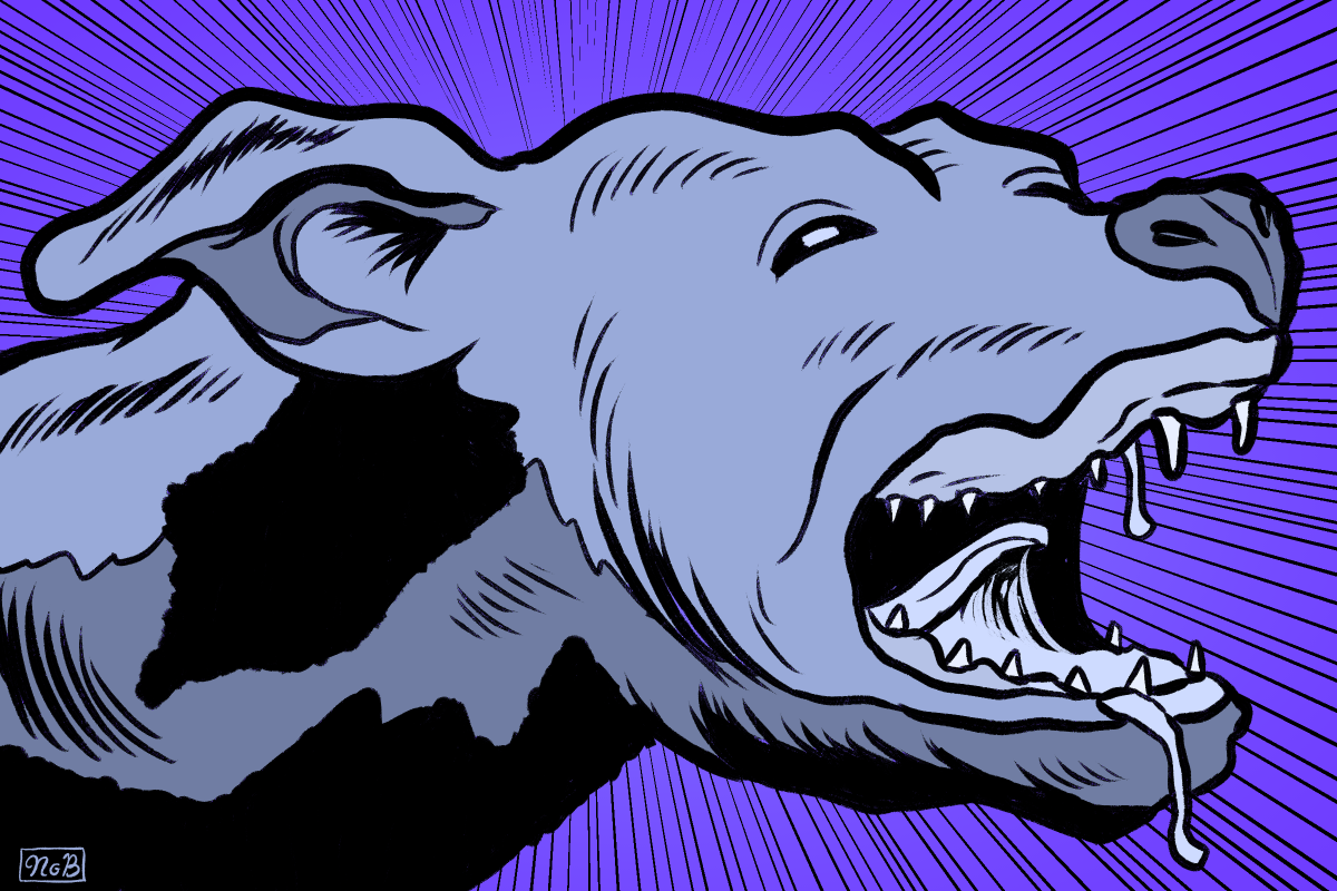 A stylized, illustrated dog with bared teeth, open mouth, and drool, set against a purple background with radiating lines.