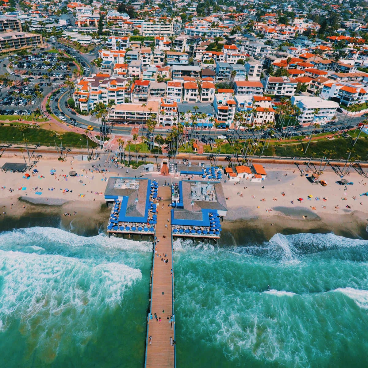 Drone view of San Clemente, CA coastline and townscape