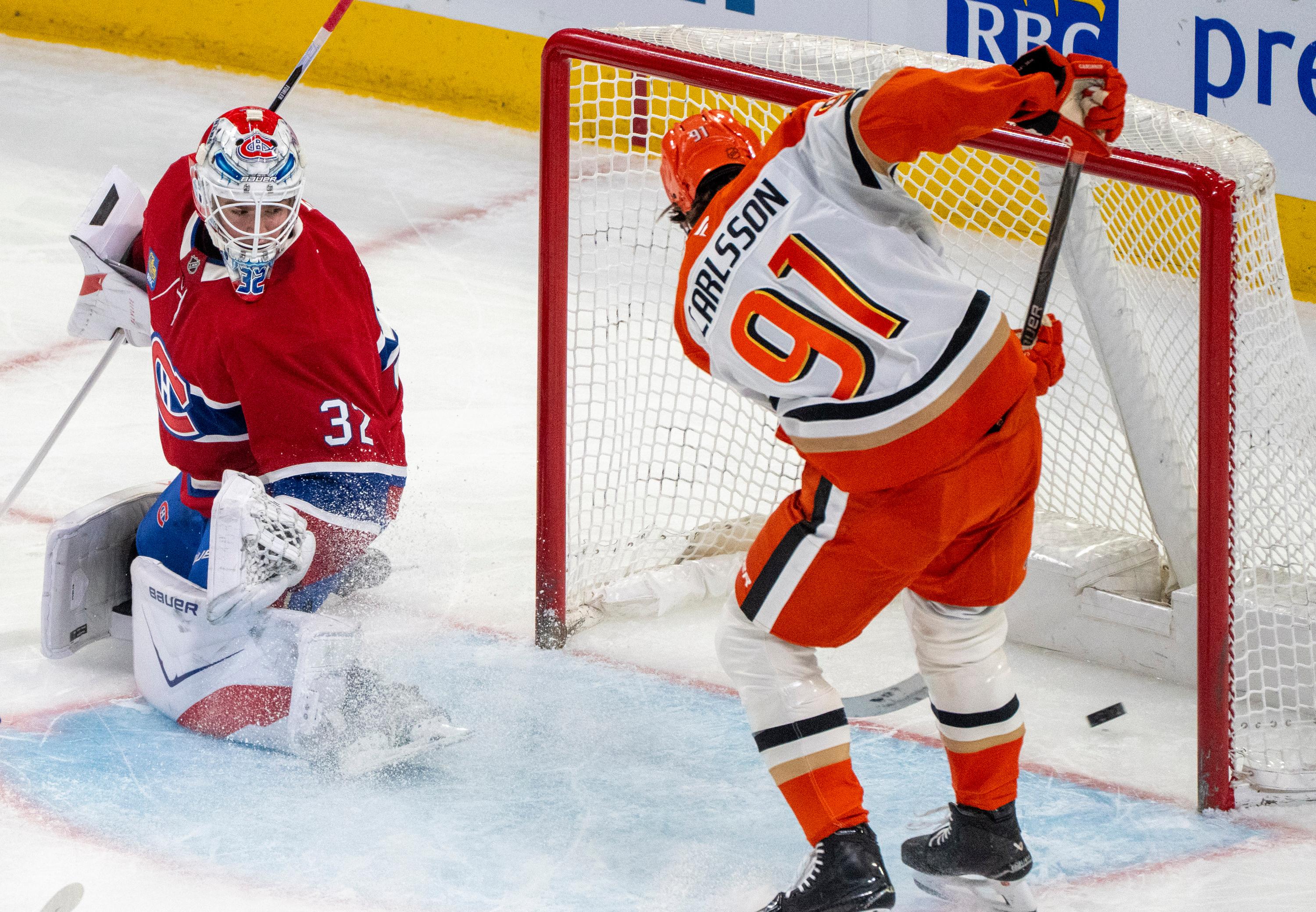 Anaheim Ducks’ Leo Carlsson (91) scores against Montreal Canadiens goaltender...