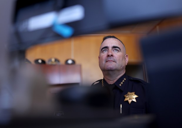 Oakland interim police Chief James Beere works in his office at police headquarters in downtown Oakland, Calif., on Tuesday, March 24, 2026. Beere has applied for the permanent chief's position. (Jane Tyska/Bay Area News Group)