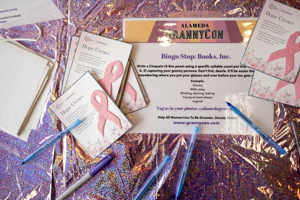 Detailed instructions for getting a Bingo stamp by writing a Cinquain poem inside Books Inc. on Park Street during the 2nd Annual GrannyCon in Alameda, Calif., Saturday, March 07, 2026. The lighthearted event is a fundraiser for breast cancer research, education and legislation. GrannyCon was formed by a group of moms during the Coronavirus Pandemic of 2020. (Douglas Despres / for the Bay Area News Group)