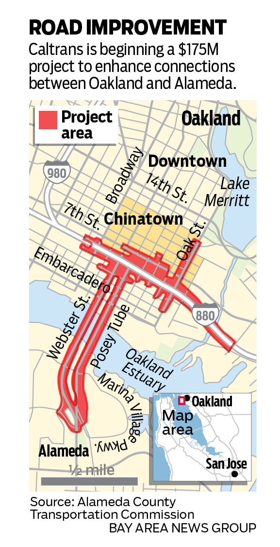 A map showing focused on the Webster Street and Posey Tunnel connection between Oakland and Alamada where Caltrans is beginning a $175M project to improve the connection between the cities. The project will demolish, redirect and streamline traffic connections between Jack London Square, Chinatown and West Alameda over the next three years.