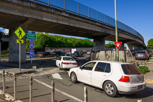 Traffic is backed up as montorist attempt to merge onto the Northhbound I-880 freeway from Jackson Street in Oakland, Calif., on Monday, March 9, 2026. This onramp will be changing due to the upcoming construction named the Oakland Alameda Access Project that begins this month and is expected to be completed in 2029. The Broadway downtown offramp from northbound I-880 which is shown in the photo above will be removed as well. (Jose Carlos Fajardo/Bay Area News Group)